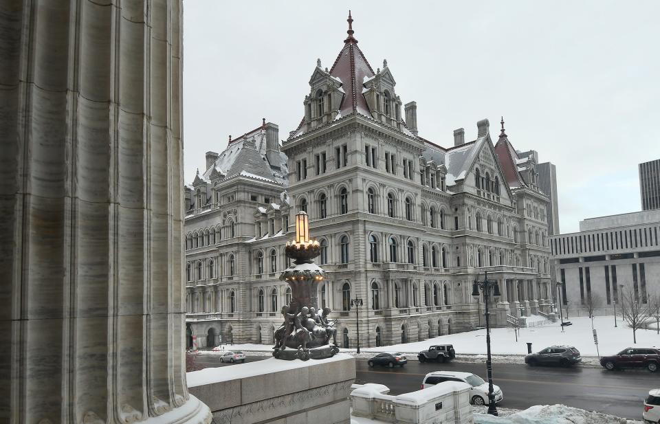 Exterior view of the New York state Capitol as seen from the steps of the New York state Education Department Building Wednesday, Feb. 13, 2019, in Albany, N.Y.