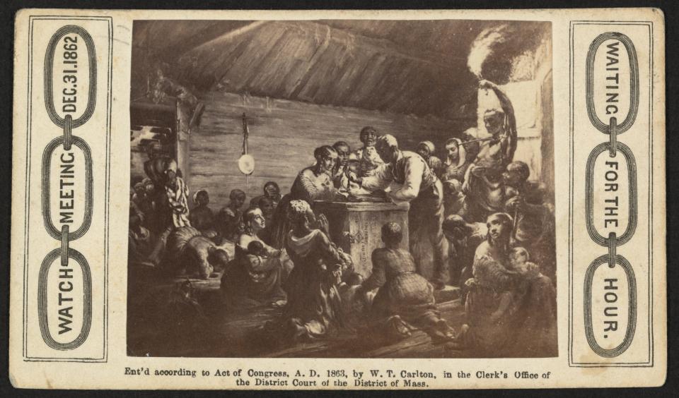 William T. Carlton's 1863 painting "Watch Meeting-Dec. 31st 1862-Waiting for the Hour" depicts a perhaps mythologized rendition of New Year's Eve on 1862, in which abolitionists and others waited for the Emancipation Proclamation's signing. In reality, the proclamation was not signed util mid-afternoon on January 1.