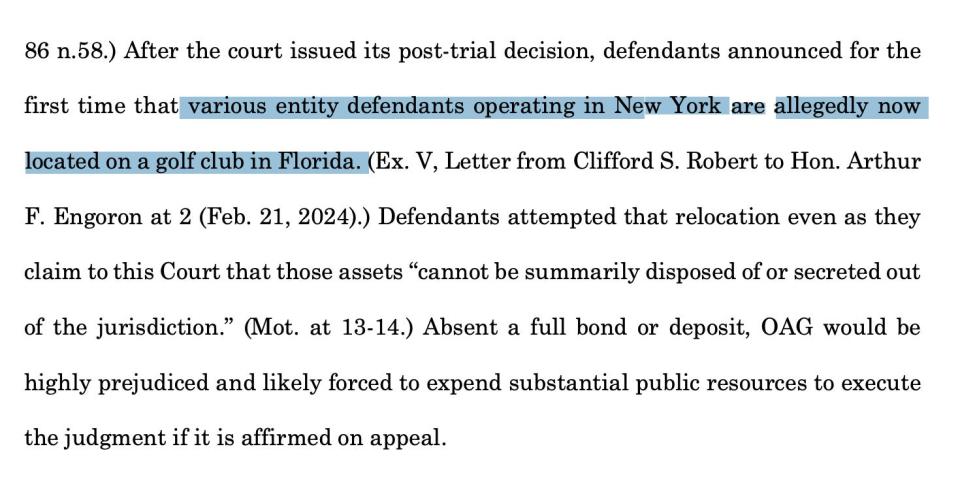 An excerpt from a new filing by the New York Attorney General's office with the following line highlighted: "various entity defendants operating in New York are allegedly now located on a golf club in Florida."