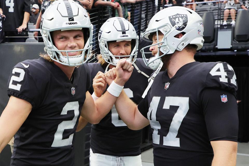 LAS VEGAS, NEVADA - SEPTEMBER 18: Place kicker Daniel Carlson #2, punter AJ Cole #6 and long snapper Trent Sieg #47 of the Las Vegas Raiders take the field for a game against the Arizona Cardinals at Allegiant Stadium on September 18, 2022 in Las Vegas, Nevada. The Cardinals defeated the Raiders 29-23 in overtime. (Photo by Ethan Miller/Getty Images)