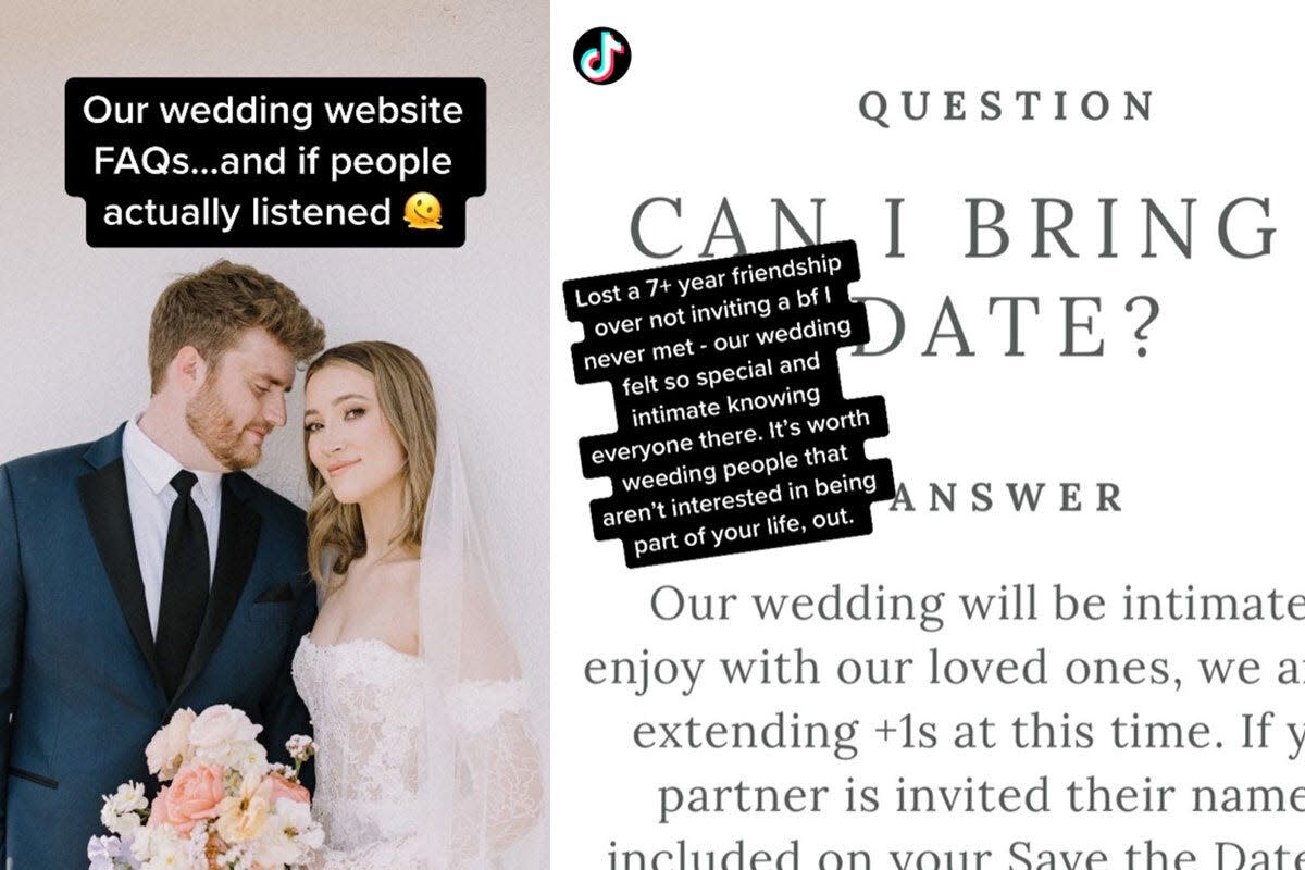 A composite image of screenshots from @corabrei's wedding TikTok, where the creator is addressing FAQ about her wedding.