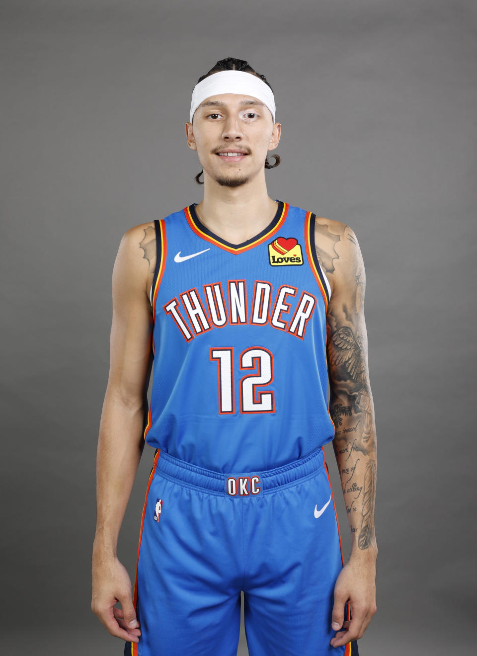 Oct 2, 2023; Oklahoma City, OK, USA; Oklahoma City Thunder forward Lindy Waters III (12) poses for a photo during media day at Oklahoma City Convention Center. Mandatory Credit: Alonzo Adams-USA TODAY Sports