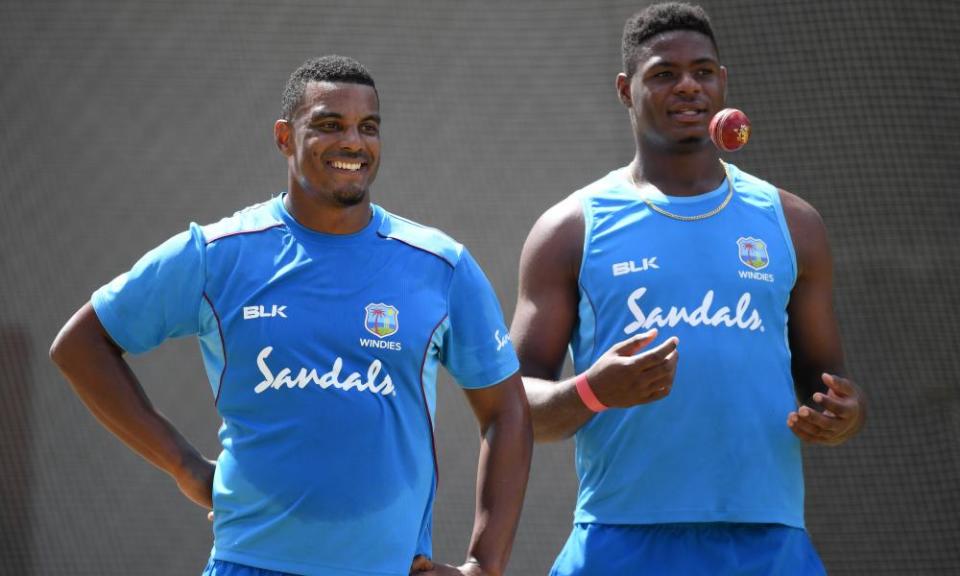 Oshane Thomas (right) and Shannon Gabriel during net practice in Barbados