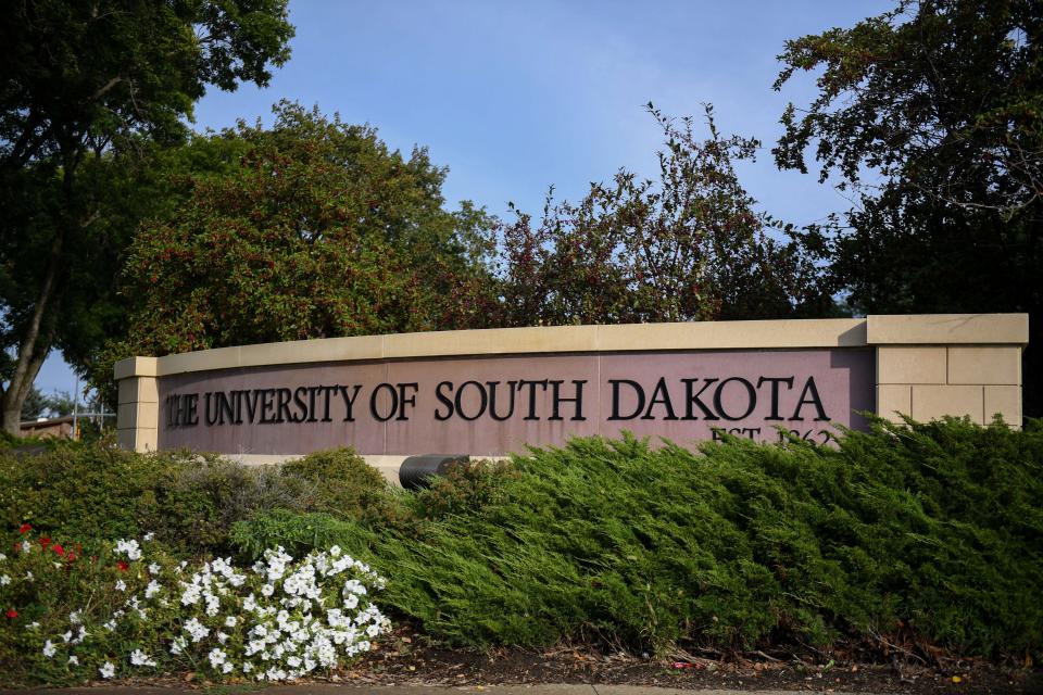 The front of the University of South Dakota campus sign on Thursday, Sept. 21, 2023 in Vermillion, South Dakota.