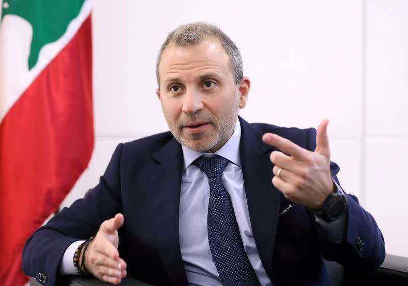 FILE PHOTO: Gebran Bassil, a Lebanese politician and head of the Free Patriotic movement, talks during an interview with Reuters in Sin-el-fil