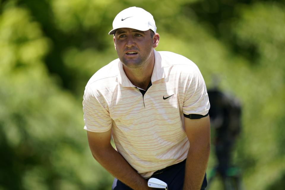 Scottie Scheffler watch his tee shot off the eighth hole during the second round of the Charles Schwab Challenge golf tournament at the Colonial Country Club, Friday, May 27, 2022, in Fort Worth, Texas. (AP Photo/LM Otero)