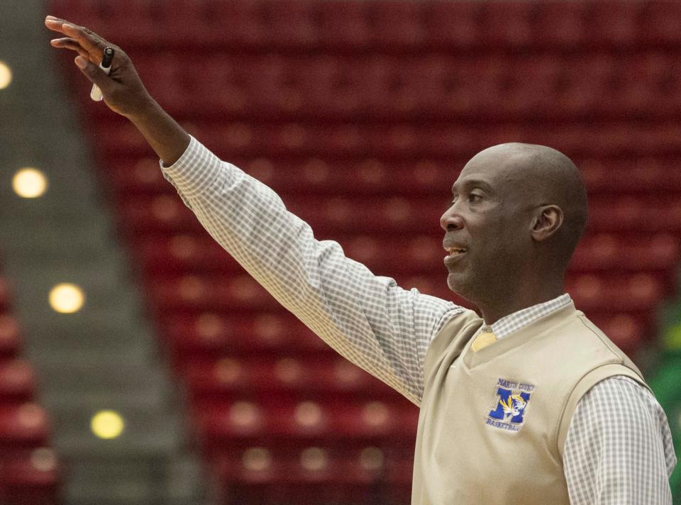 Martin County High School head coach John Leon instructs his players against Ponte Vedra during the first half of their FHSAA Boys 6A championship game Saturday, March 5, 2022, at The RP Funding Center in Lakeland.