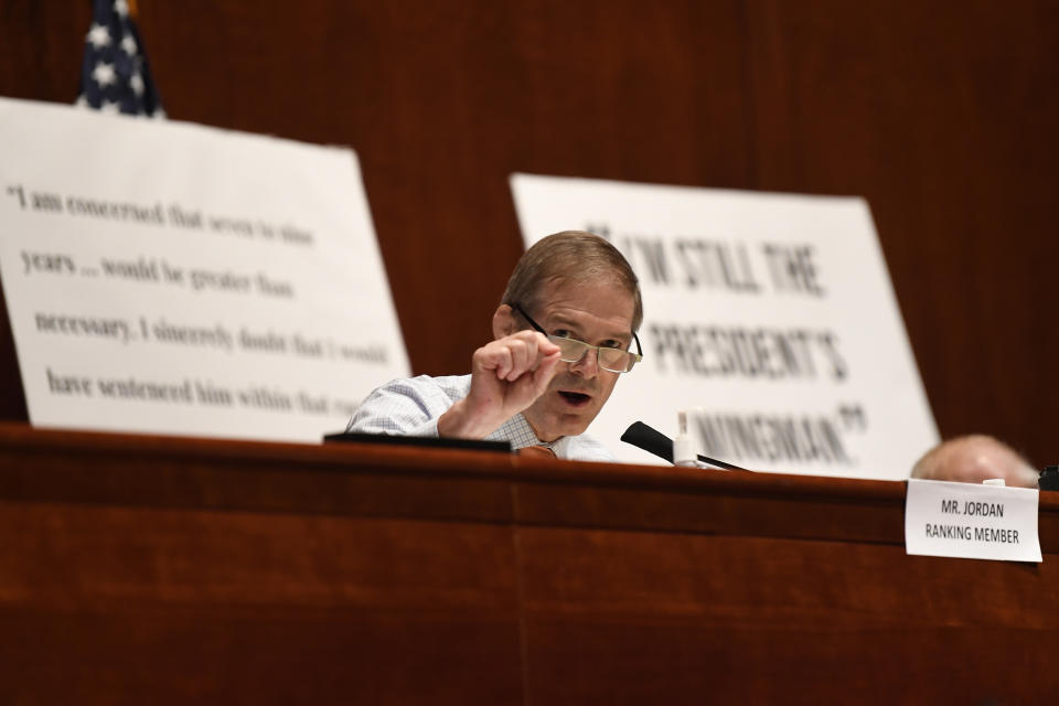 Rep. Jim Jordan, R-Ohio, speaks during a House Judiciary Committee hearing on Capitol Hill in Washington, Wednesday, June 24, 2020, on oversight of the Justice Department and a probe into the politicization of the department under Attorney General William Barr. Former Attorney General Michael Mukasey, front left, waits to testify. (AP Photo/Susan Walsh, Pool)