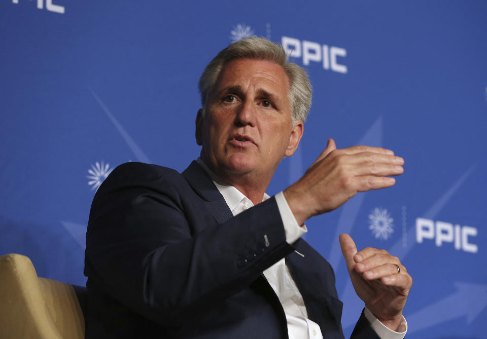 FILE - IN this Aug. 15, 2018, file photo, Rep. Kevin McCarthy, R-Calif., answers a question during his appearance with the Public Policy Institute of California in Sacramento, Calif. Frustration and finger-pointing spilled over at a private meeting of House Republicans late Tuesday, Nov. 13 as lawmakers sorted through an election that cost the majority and began considering new leaders. The speaker’s gavel now out of reach, McCarthy, an ally of President Donald Trump, is poised to be minority leader. But he faces a challenge from Jim Jordan of the conservative Freedom Caucus. (AP Photo/Rich Pedroncelli, File)