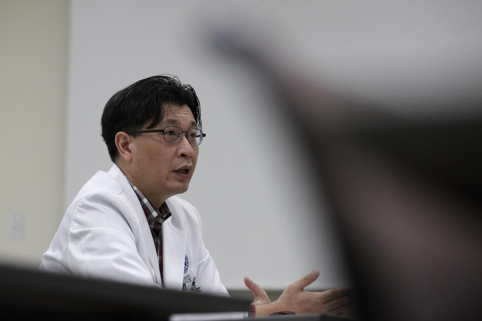 Hyukmin Lee, a professor at Yonsei University of College of Medicine, speaks during an interview in Seoul, South Korea, Monday, May 25, 2020. As South Korea significantly relaxes its rigid social distancing rules as a result of waning coronavirus cases, the world is paying close attention to whether it can return to something that resembles normal or face a virus resurgence. The tried and tested methods of aggressive tracing, testing and treatment and the widespread public use of masks again played a major role in preventing the outbreak in Itaewon from exploding, said Lee. (AP Photo/Lee Jin-man)