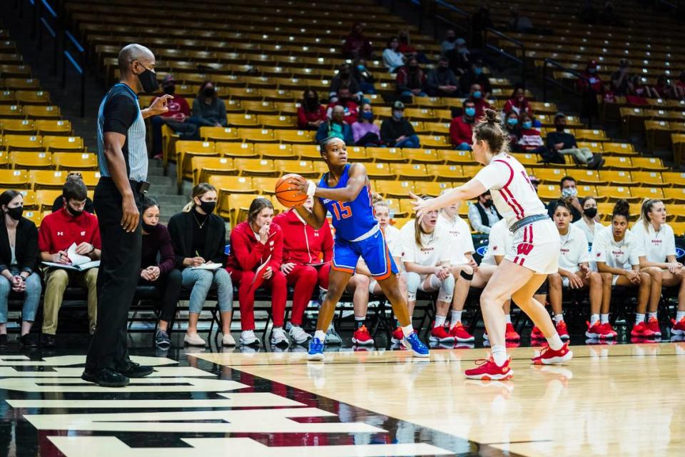 Dominique Leonidas had 10 points in Boise State’s 60-45 loss to Wisconsin in the Rocky Mountain Hoops Classic on Saturday at CU Events Center in Boulder, Colorado.