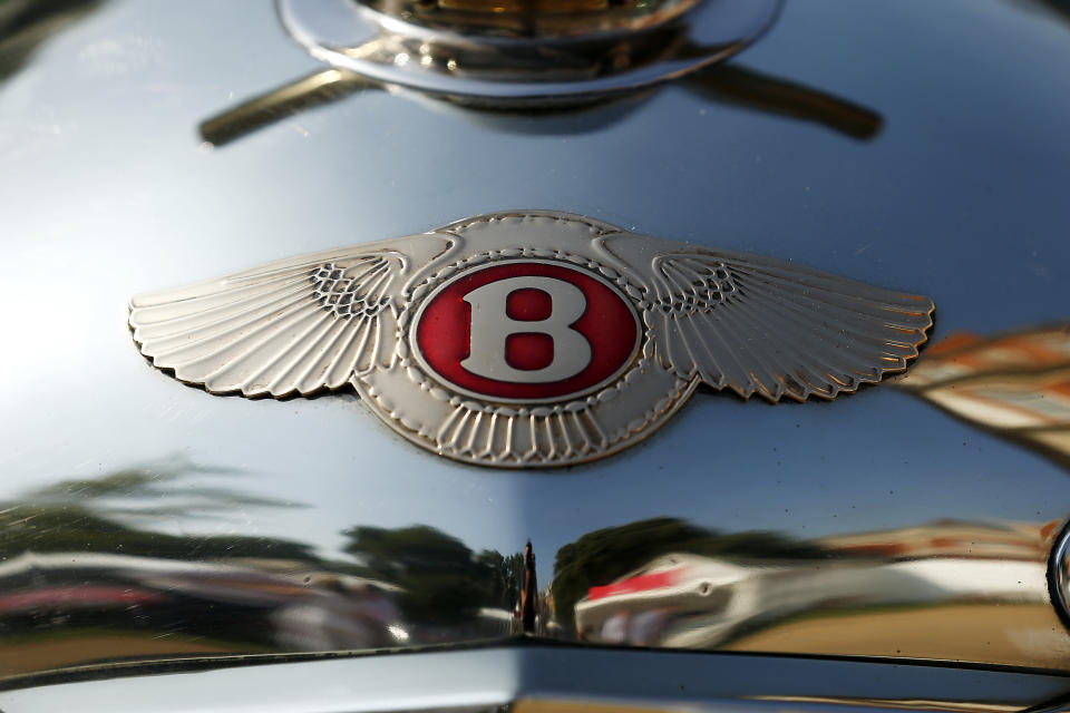 Stock of Bentley insignia on display as part of the opening of The St James's Concours of Elegance classic car event at Marlborough House Gardens , St James's, London.  