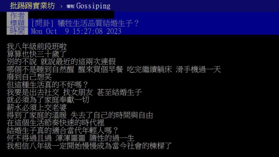 有名八年級網友詢問不婚不生是否較為快樂？（圖／翻攝自PTT）