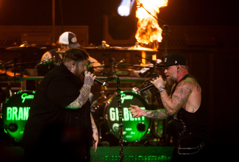 Jelly Roll makes a surprise appearance during Brantley Gilbert performance before Nickelback at Bridgestone Arena in Nashville, Tenn., Tuesday, Aug. 1, 2023.