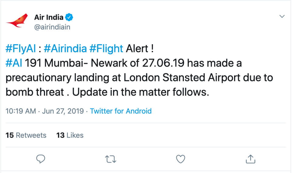 Screenshot of the now-deleted tweet from Air India (Picture: Twitter/Air India)