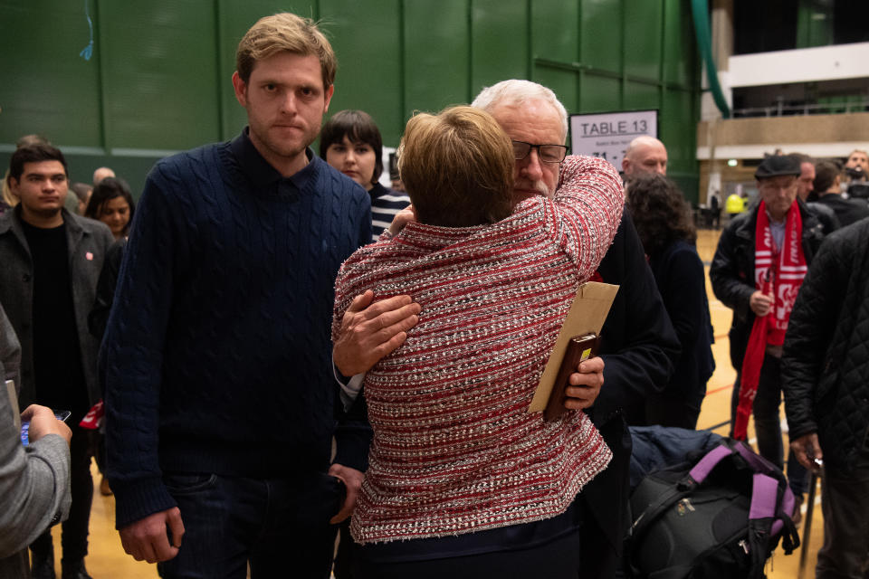 LONDON, ENGLAND - DECEMBER 13: Ben Corbyn (L) stands by as Labour Party leader Jeremy Corbyn (R) and Shadow Foreign Secretary Emily Thornberry (C) meet after they both retained their Parliamentary seats following the count at Sobell leisure centre on December 13, 2019 in London, England. Labour leader Jeremy Corbyn has held the Islington North seat since 1983. The current Conservative Prime Minister Boris Johnson called the first UK winter election for nearly a century in an attempt to gain a working majority to break the parliamentary deadlock over Brexit. The election results from across the country are being counted overnight and an overall result is expected in the early hours of Friday morning. (Photo by Leon Neal/Getty Images)