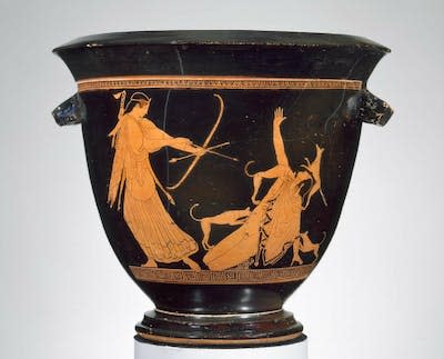 <span class="caption">Mixing bowl showing Artemis killing the hunter Actaeon.</span> <span class="attribution"><a class="link " href="https://collections.mfa.org/objects/153654/mixing-bowl-bell-krater-with-the-death-of-aktaion-and-a-pu?ctx=3953ce93-11da-4ac3-957b-4242cc63cb7c&idx=9" rel="nofollow noopener" target="_blank" data-ylk="slk:Museum of Fine Arts, Boston. Bradford Huntington James Fund and Museum purchase with funds donated by contribution;elm:context_link;itc:0;sec:content-canvas">Museum of Fine Arts, Boston. Bradford Huntington James Fund and Museum purchase with funds donated by contribution</a></span>