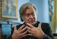 FILE - In this Sunday, Aug. 19, 2018, file photo, Steve Bannon, President Donald Trump's former chief strategist, talks during an interview with The Associated Press, in Washington. Bannon has been arrested on charges that he and three others ripped off donors to an online fundraising scheme "We Build The Wall." The charges were contained in an indictment unsealed Thursday, Aug. 20, 2020, in Manhattan federal court. (AP Photo/J. Scott Applewhite, File)