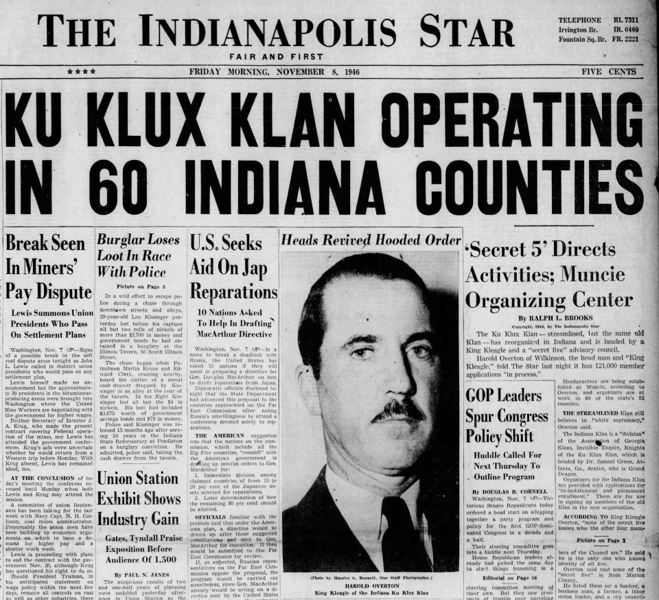 The front page of the Nov. 8, 1946, Indianapolis Star exposed the Ku Klux Klan's efforts to resurge in Indiana.