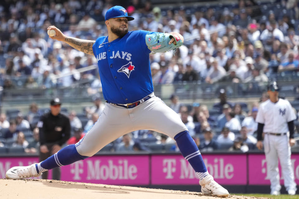 Toronto Blue Jays pitcher Alek Manoah delivers against the New York Yankees in the first inning of a baseball game, Saturday, April 22, 2023, in New York. (AP Photo/Mary Altaffer)