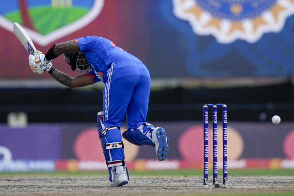 India's Suryakumar Yadav watches a delivery pass during the fifth T20 cricket match at Central Broward Regional Park in Lauderhill, Fla, Sunday, Aug. 13, 2023. (AP Photo/Ramon Espinosa)