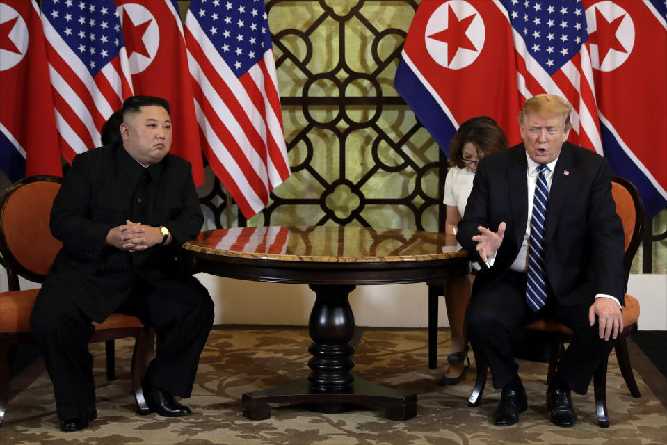 U.S. President Donald Trump meets North Korean leader Kim Jong Un in Hanoi, Vietnam on Feb 28 (AP Photo/Evan Vucci, File)