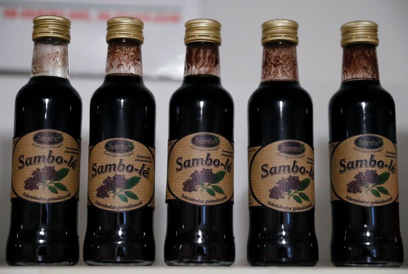 Bottles of elderberry syrup are seen in a shop in Nagyvenyim