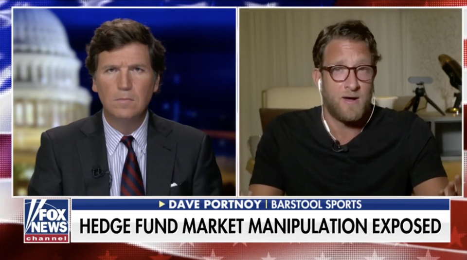 Fox News airs a lower third that reads "Hedge Fund Market Manipulation Exposed" during a segment on Tucker Carlson Tonight with Barstool's Dave Portnoy. (Screenshot: Fox News)