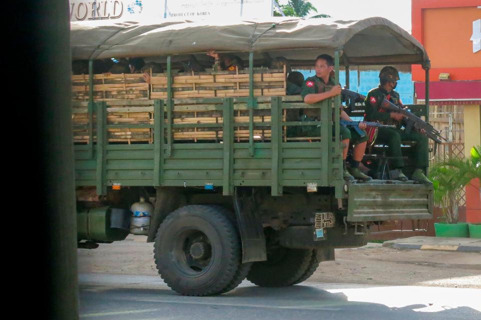 FILE - In this 23 May, 2021, file photo, military troops and police go on patrol at Kayah state, eastern Myanmar. A newly-formed militia-group has vowed to fight the military junta in the country (Copyright 2021 The Associated Press. All rights reserved)