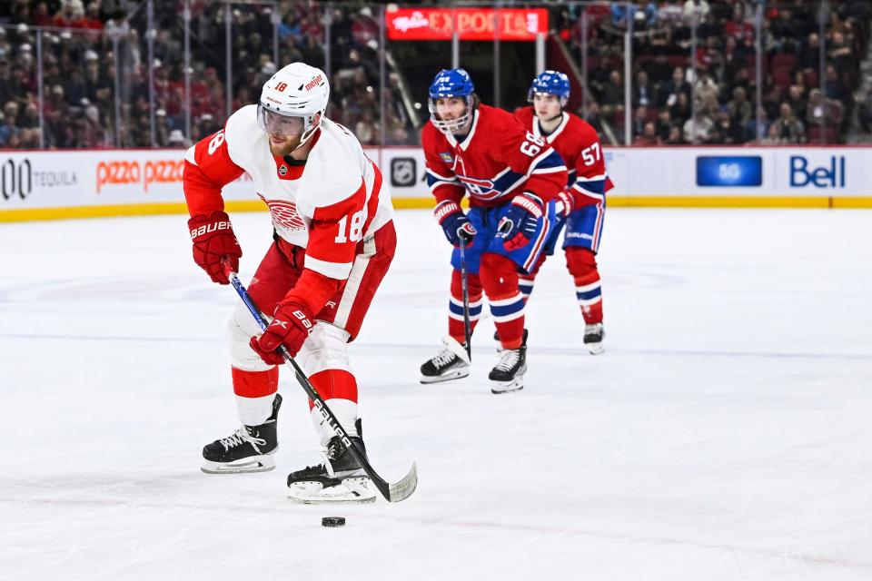 Red Wings center Andrew Copp plays the puck against the Canadiens during the first period on Tuesday, April 4, 2023, in Montreal.