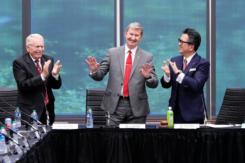 Walter E. "Ted" Carter Jr., reacts to applause Tuesday, Aug. 22, 2023 from Ohio State board of trustees and the audience after he was named the university's 17th president. Carter is currently president of the University of Nebraska, and will assume his new role in Columbus in January.