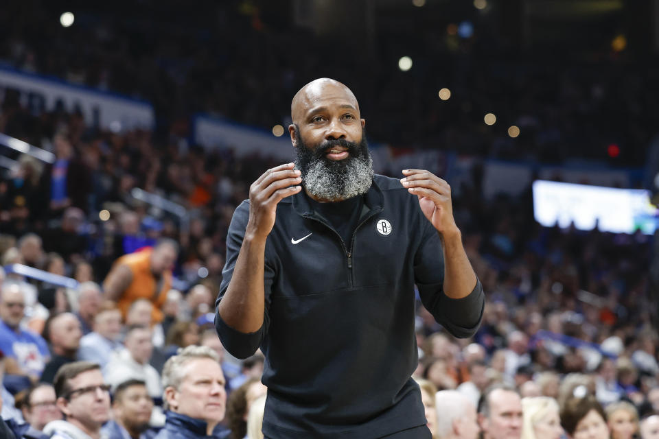 Dec 31, 2023; Oklahoma City, Oklahoma, USA; Brooklyn Nets head coach Jacque Vaughn reacts after a play against the Oklahoma City Thunder during the second half at Paycom Center. Mandatory Credit: Alonzo Adams-USA TODAY Sports