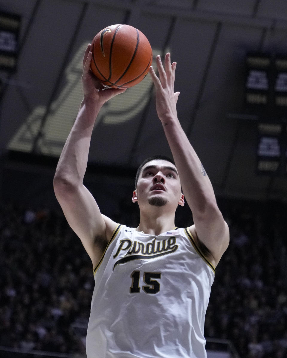 Purdue center Zach Edey (15) shoots against Penn State during the second half of an NCAA college basketball game in West Lafayette, Ind., Saturday, Jan. 13, 2024. (AP Photo/Michael Conroy)