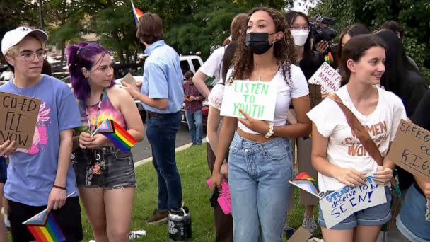 PHOTO: Students gather outside of a Fairfax County School Board meeting to advocate for co-ed sex education classes at school. (WJLA)