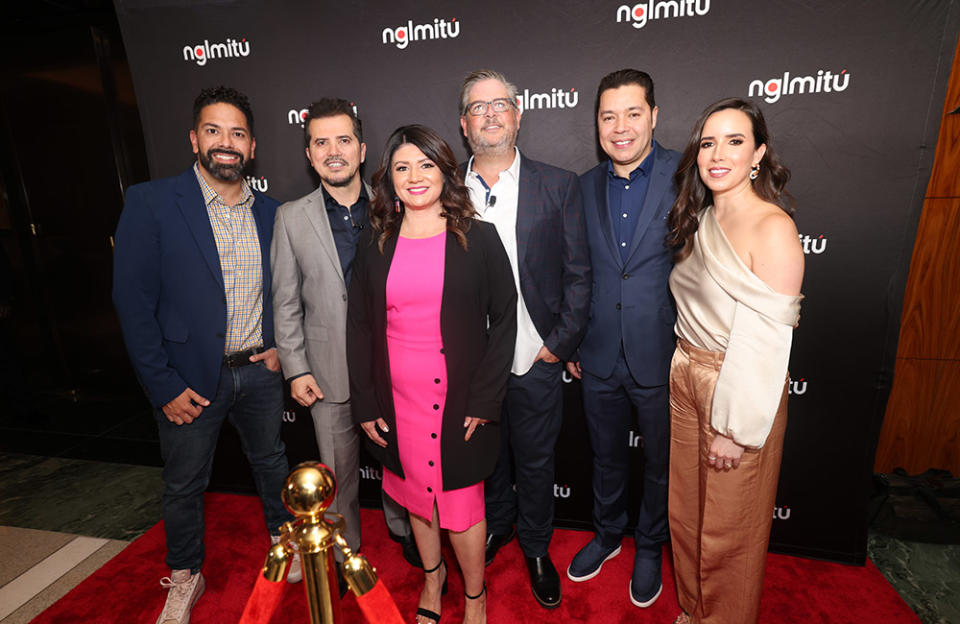 (L to R) NGL Executives Ben DeJesus (Chief Creative Officer), John Leguizamo (actor, activist and NGLmitú Partner), Vanessa Vigil (Chief Brand Officer), David Chitel (CEO), Joe Bernard (Chief Revenue Officer) and Wendy Barba (Vice President of Brands) at NGLmitu’s Upfront Presentation at Ascent Lounge on May 2