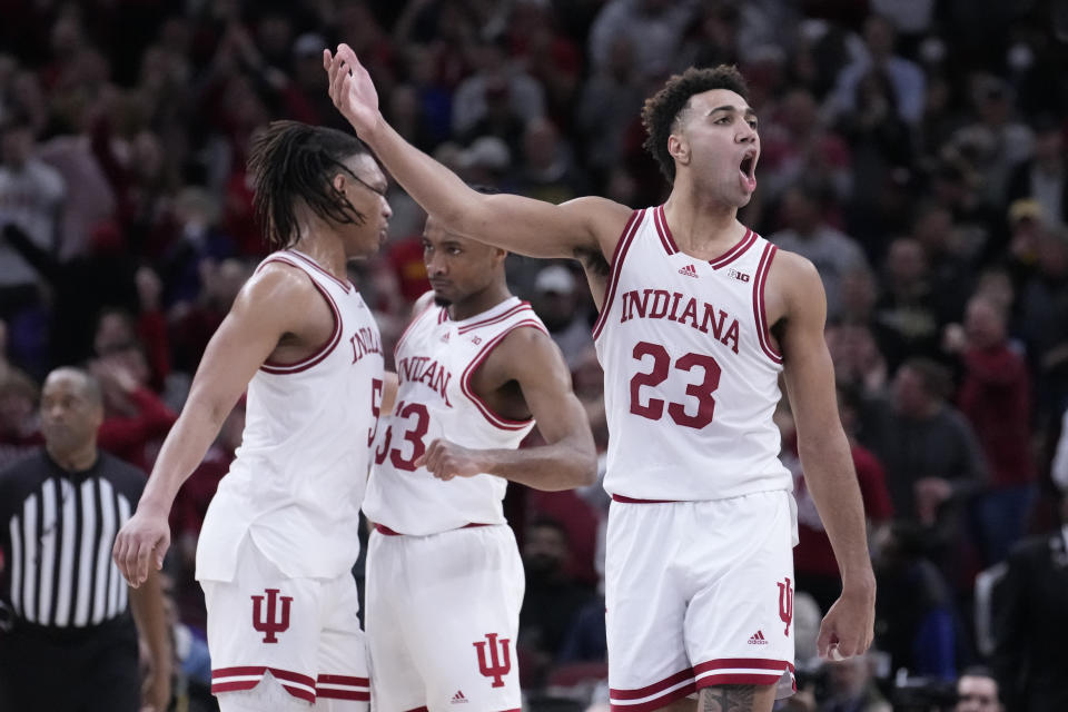 Indiana's Trayce Jackson-Davis (23) pumps up the crowd after scoring during the second half of an NCAA college basketball game against Maryland at the Big Ten men's tournament, Friday, March 10, 2023, in Chicago. Indiana won 70-60. (AP Photo/Charles Rex Arbogast)