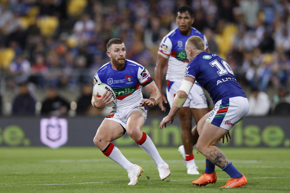 Seen here, Jackson Hastings playing for the Newcastle Knights against the Warriors in round one of the 2023 NRL season. 