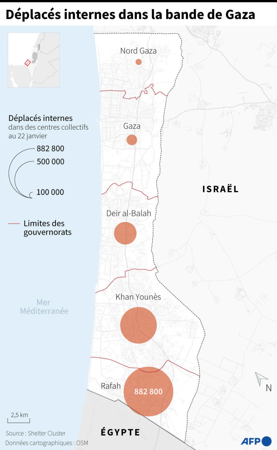 Carte de la bande de Gaza avec le nombre de déplacés internes dans des centres collectifs, par gouvernorat, selon les données du Shelter Cluster au 22 janvier


