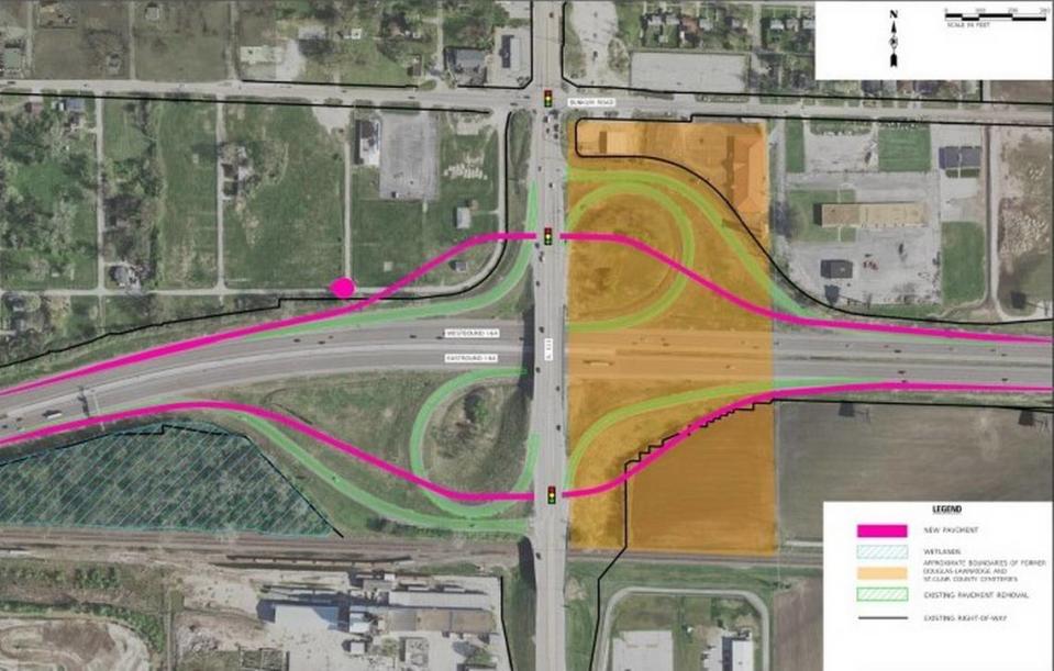 This conceptual map shows current paved areas that will be removed from the Interstate 64 and Illinois 111 intersection in green, new pavement in pink, the current state right-of-way in black and the approximate site of the former Black and paupers cemeteries in brown.