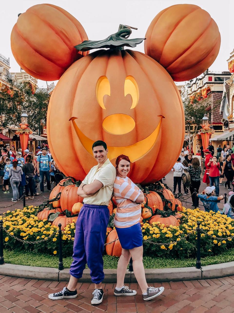 Disney fan Mel and her partner dress as Phineas and Ferb for Halloween at Disneyland.