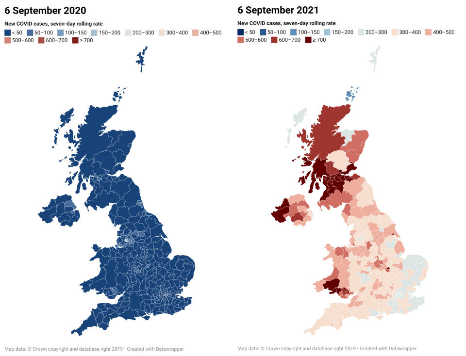 UK COVID cases broken down by lower tier local authority. (Datawrapper/Yahoo News UK/Government data)