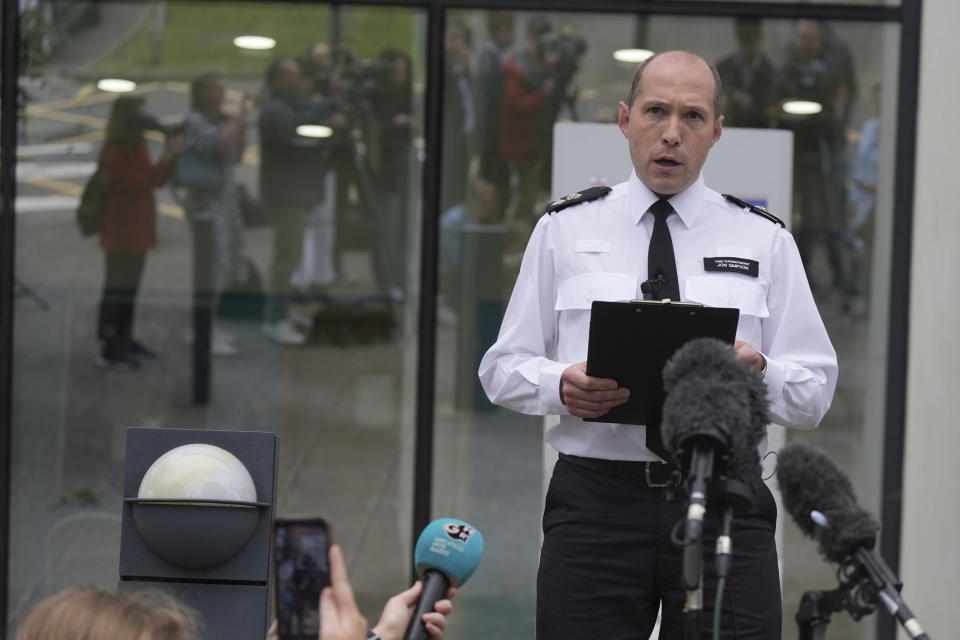 Chief Superintendent Jon Simpson of Hertfordshire Police speaks to media outside Hatfield Police Station after an incident in Bushey on Tuesday evening, in Hertfordshire, England, Wednesday, July 10, 2024. British police were hunting for a man believed to be armed with a crossbow after three women were killed in a house near London. Hertfordshire Police said Kyle Clifford, 26, was being sought over the suspected triple murder. (Jacob King/PA via AP)