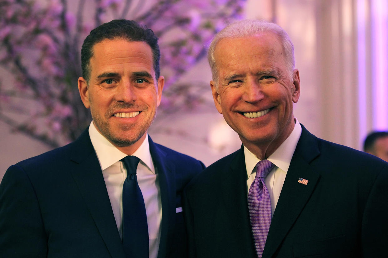 WASHINGTON, DC - APRIL 12: World Food Program USA Board Chairman Hunter Biden (L) and U.S. Vice President Joe Biden attend the World Food Program USA's Annual McGovern-Dole Leadership Award Ceremony at Organization of American States on April 12, 2016 in Washington, DC.  (Photo by Teresa Kroeger/Getty Images for World Food Program USA)