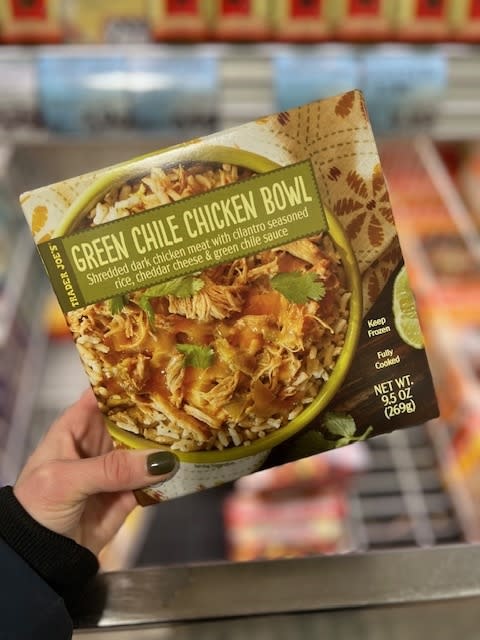 A box of Trader Joe's Green Chile Chicken Bowl