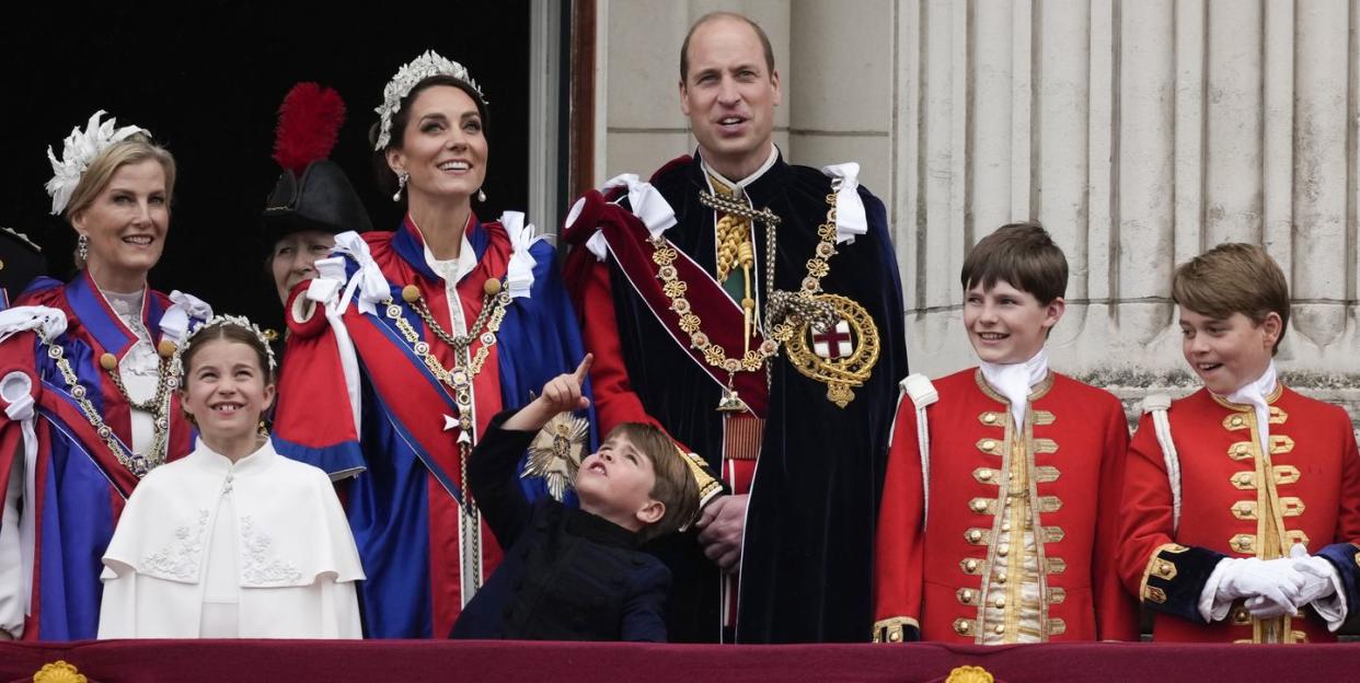 london, england may 06 l r sophie, the duchess of edinburgh, princess charlotte of wales, princess anne, princess royal, catherine, princess of wales, prince louis of wales, prince william, duke of cambridge, lord oliver cholmondeley and page of honour, prince george during the coronation of king charles iii and queen camilla on may 06, 2023 in london, england the coronation of charles iii and his wife, camilla, as king and queen of the united kingdom of great britain and northern ireland, and the other commonwealth realms takes place at westminster abbey today charles acceded to the throne on 8 september 2022, upon the death of his mother, elizabeth ii photo by christopher furlonggetty images