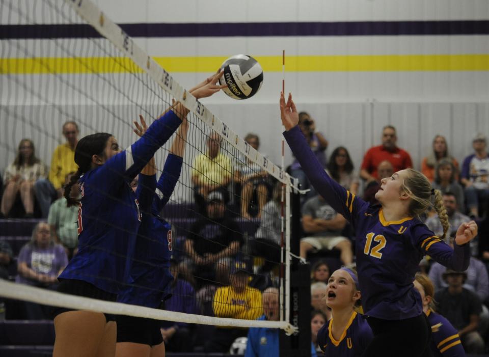 Unioto volleyball's Zoie Dettwiller (#12) during the Shermans' 3-0 win over the Zane Trace Pioneers at Unioto High School on Sept. 14, 2023 in Chillicothe, Ohio.
