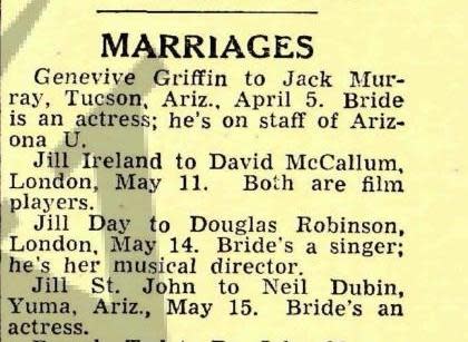 Wedding announcement for David McCallum and Jill Ireland from the May 22, 1957, edition of weekly <em>Variety</em>