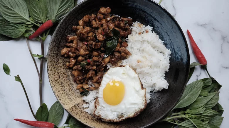 Thai basil chicken egg rice