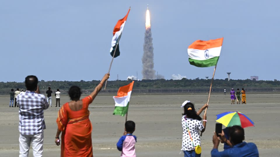 An Indian Space Research Organisation rocket carrying the Chandrayaan-3 moon lander lifts off from the Satish Dhawan Space Centre on Sriharikota, off the coast of Andhra Pradesh state, on July 14, 2023. - R. Satish Baby/AFP/Getty Images