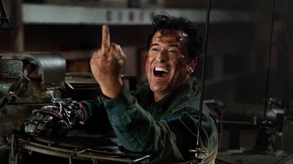 Ash raising middle finger in Ash Vs. Evil Dead